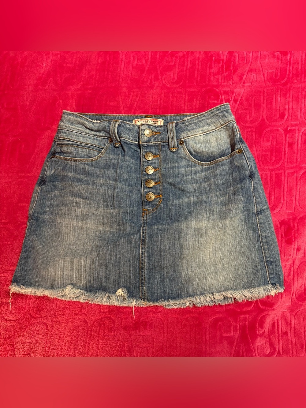 Y2K Guess Jeans Denim Mini Skirt Size 26 | Button Fly Frayed Hem Vintage Wash
